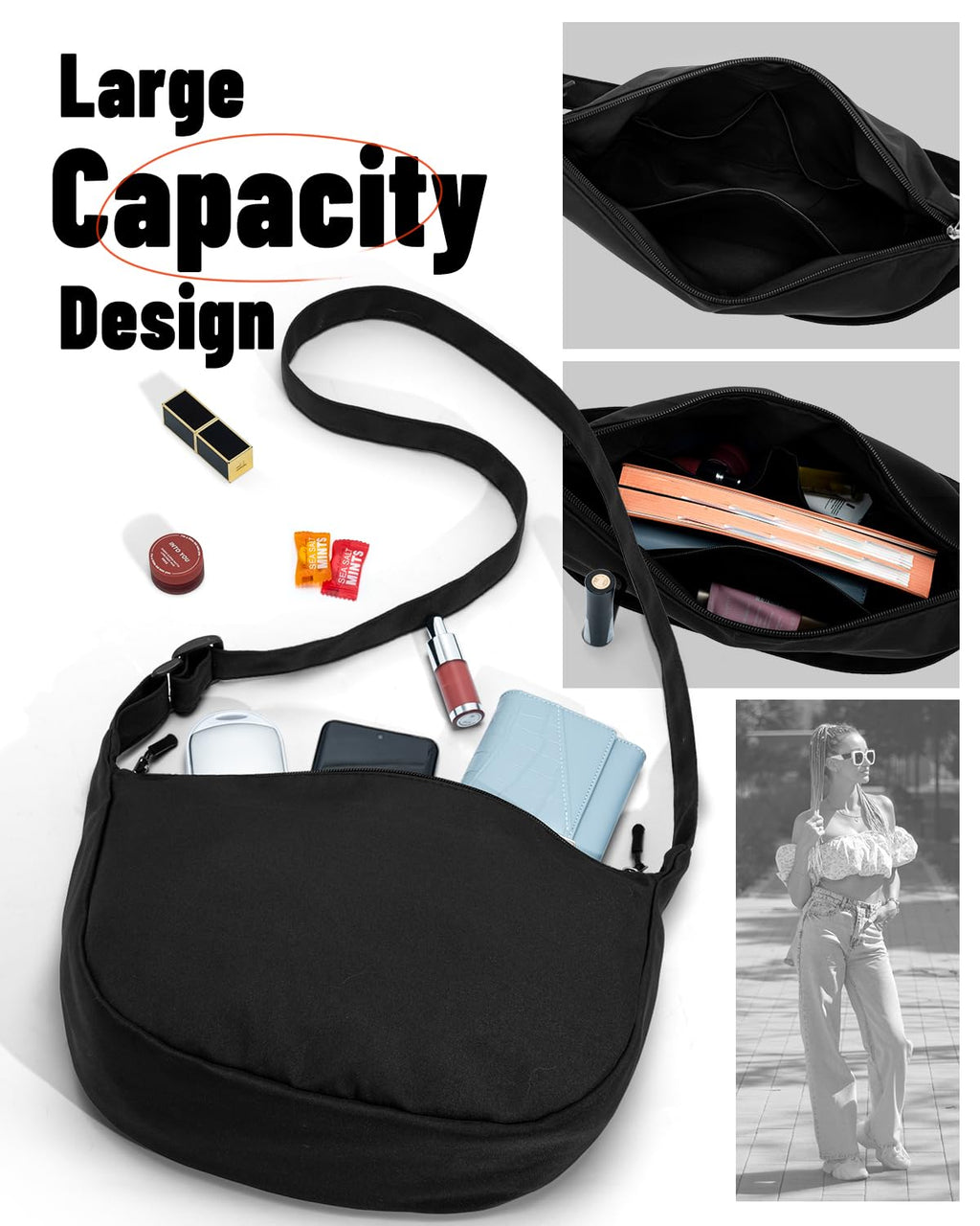 Crossbody Sling Bag for Women Men Trendy, Crescent Bag with Adjustable Strap, 2 Zippers Lightweight