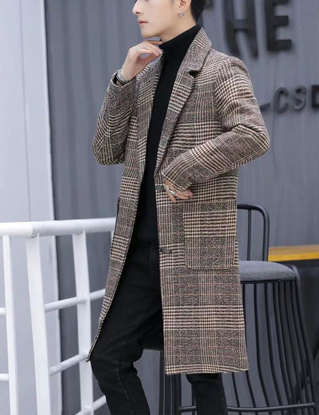 Springrain Men's Wool Blend Pea Coat Notched Collar Single Breasted Overcoat Warm Winter Trench Coat(Khaki-S)
