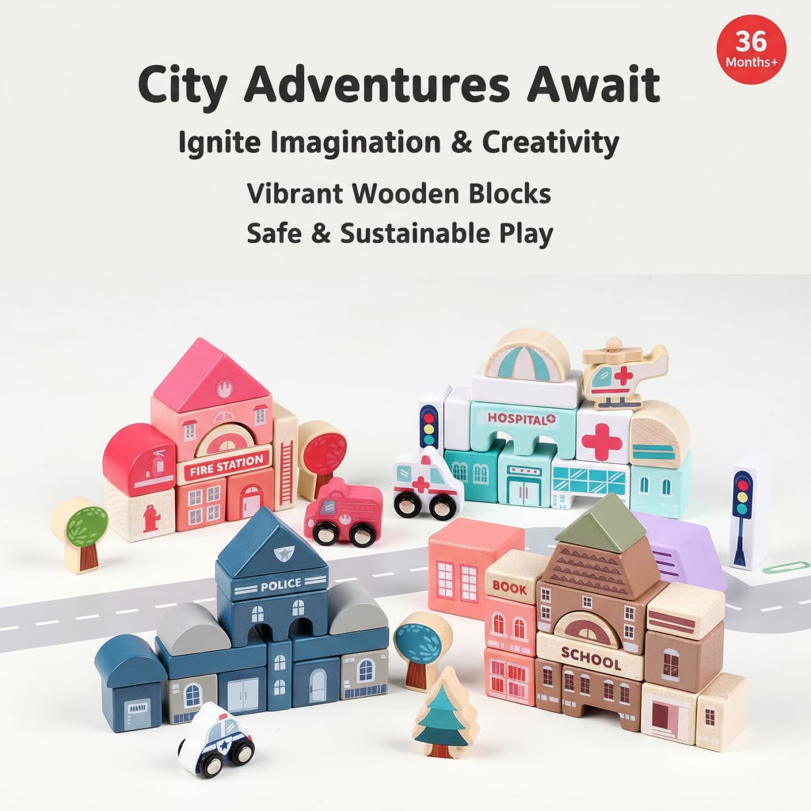 Migargle Wooden Building Blocks Set, City Construction Stacker Stacking Preschool Learning Educational Toys, Toddler Toys for 3+ Year Old Boy and Girl Gifts