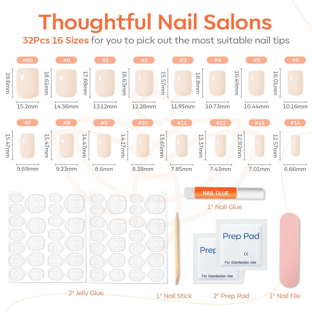 Modelones Press on Nails, White Short Square Fake Nails Summer Nails Press Ons Reusable Nail Kit with Nail Glue Adhesive Tabs Mini Nail File, 32Pcs 16 Sizes, Women Girl Gift