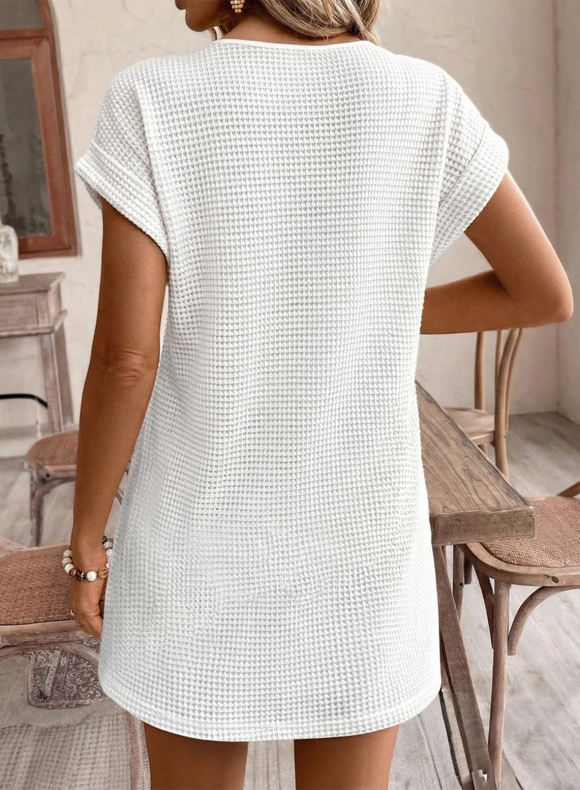 Acelitt Womens Summer 2026 Waffle Knit Short Sleeve Crewneck Beach Cover Up Crochet Eyelet Lace Swim Coverup Dress White Medium