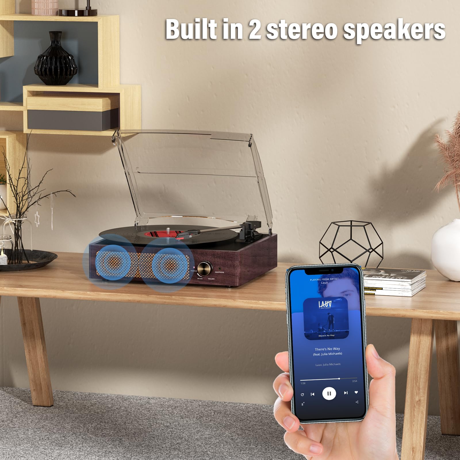 Vinyl Record Player Turntable with Built-in Bluetooth Receiver & 2 Stereo Speakers, 3 Speed 3 Size Portable Retro Record Player for Entertainment and Home Decoration