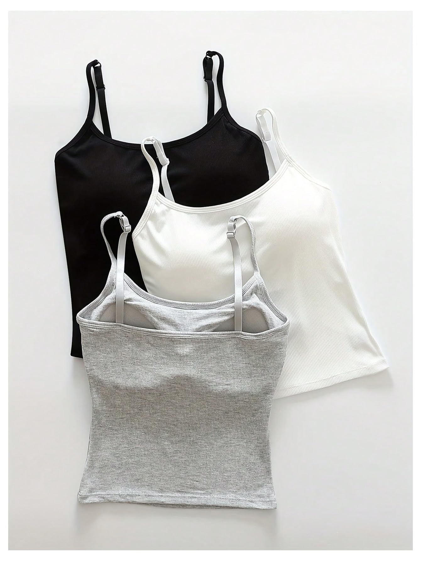 WDIRARA Women's 3 Pack Cami Crop Top Built in Bra Spaghetti Strap Tank Camisole Tops Black White Grey Large