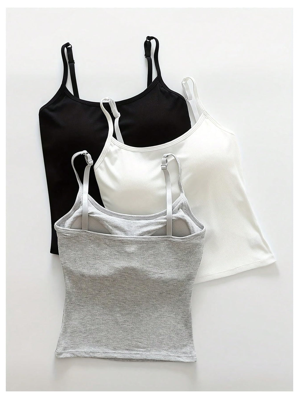 WDIRARA Women's 3 Pack Cami Crop Top Built in Bra Spaghetti Strap Tank Camisole Tops Black White Grey Medium