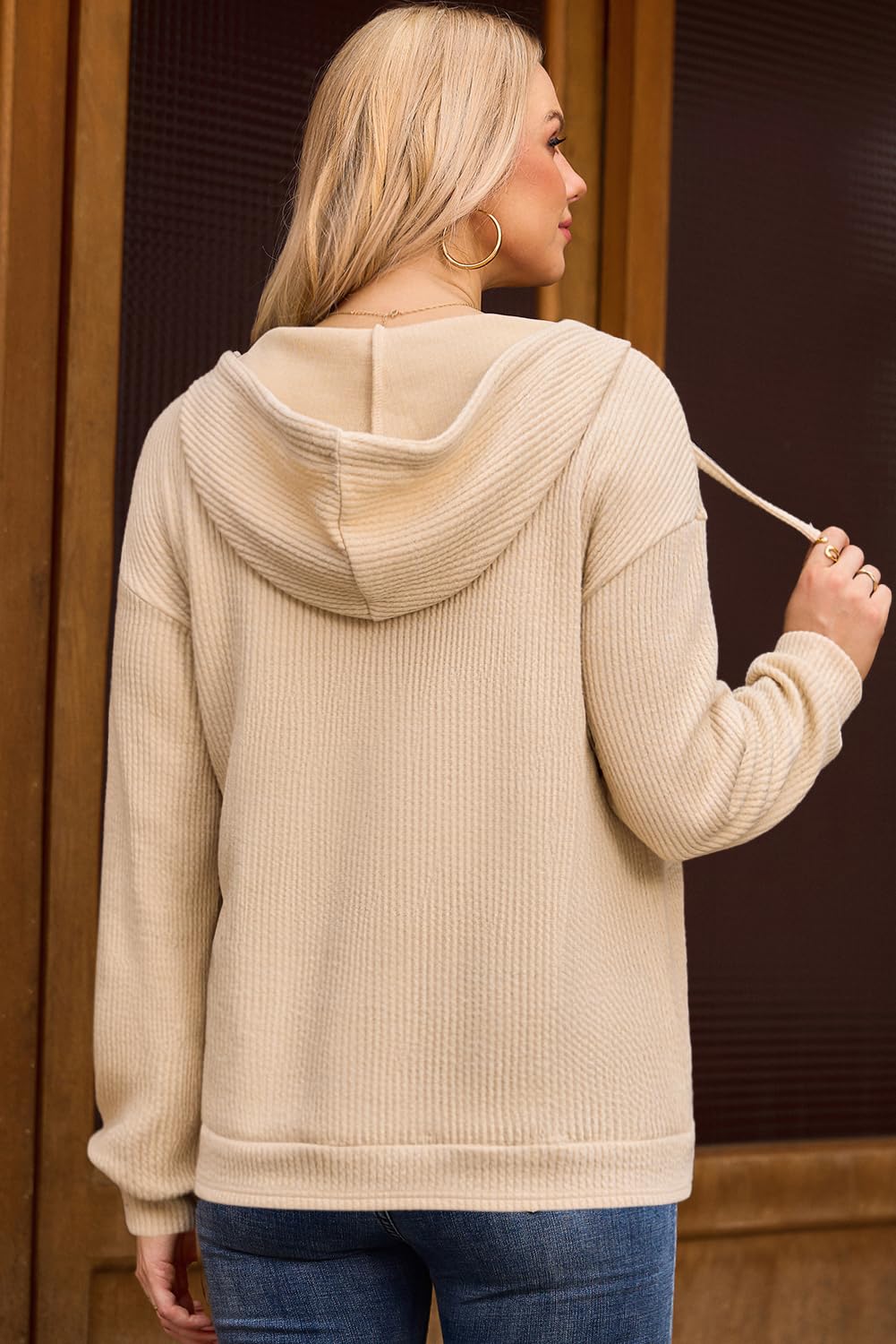 Dokotoo Womens Fall Fashion 2025 Oversized Sweatshirt for Women Ribbed Knit Long Sleeve Drawstring V Neck Hoodies Cute Ladies Sweaters Pullover Sweatshirts Tunic Tops and Blouses Apricot Medium