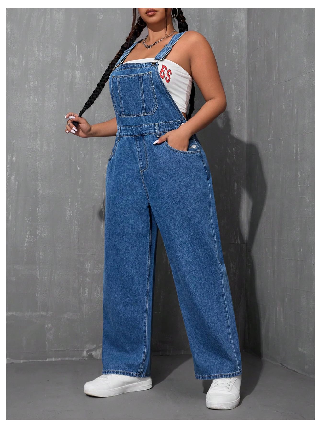 WDIRARA Women's Plus Size Denim Overall Straight Leg Jean Jumpsuit with Pockets Dark Wash 4X-Large Plus