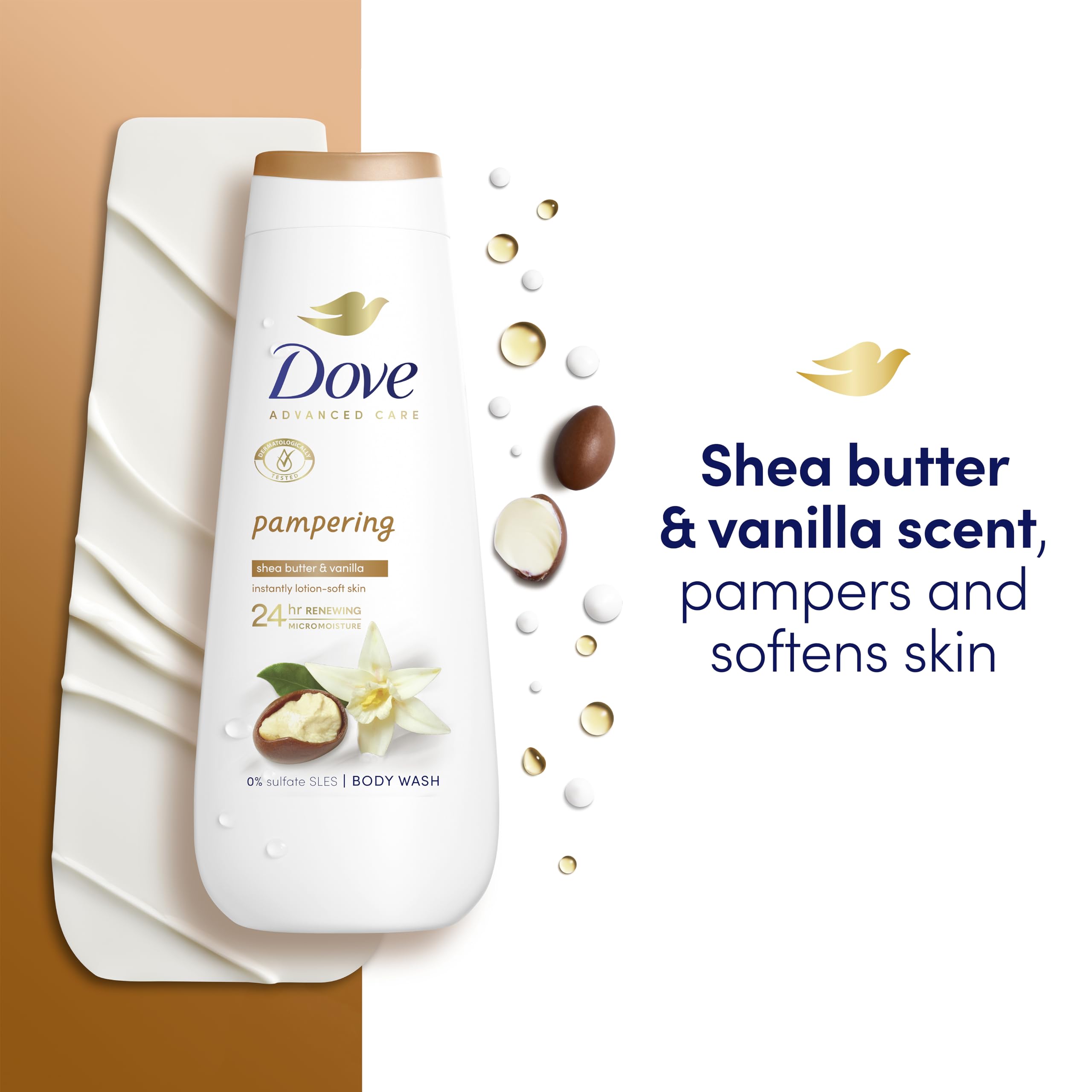 Dove Advanced Care Pampering Body Wash Body Cleanser shower gel with a shea butter & vanilla scent for instantly lotion-soft skin 6x 225 ml