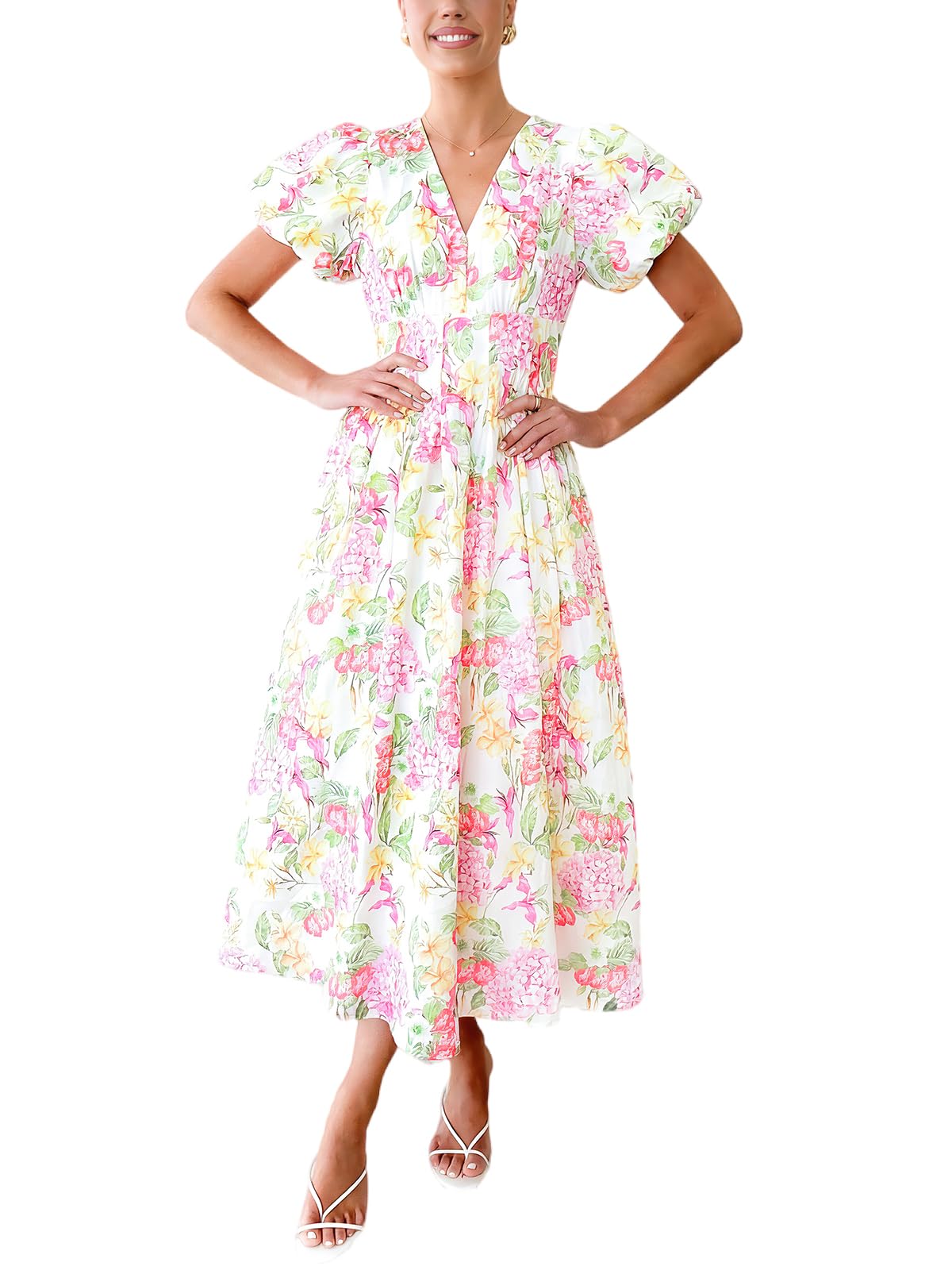 Flessibili Womens Short Sleeve Floral Maxi Dresses 2026 Spring Wedding Guest Party Summer Dress Pink Hydrangea X-Large