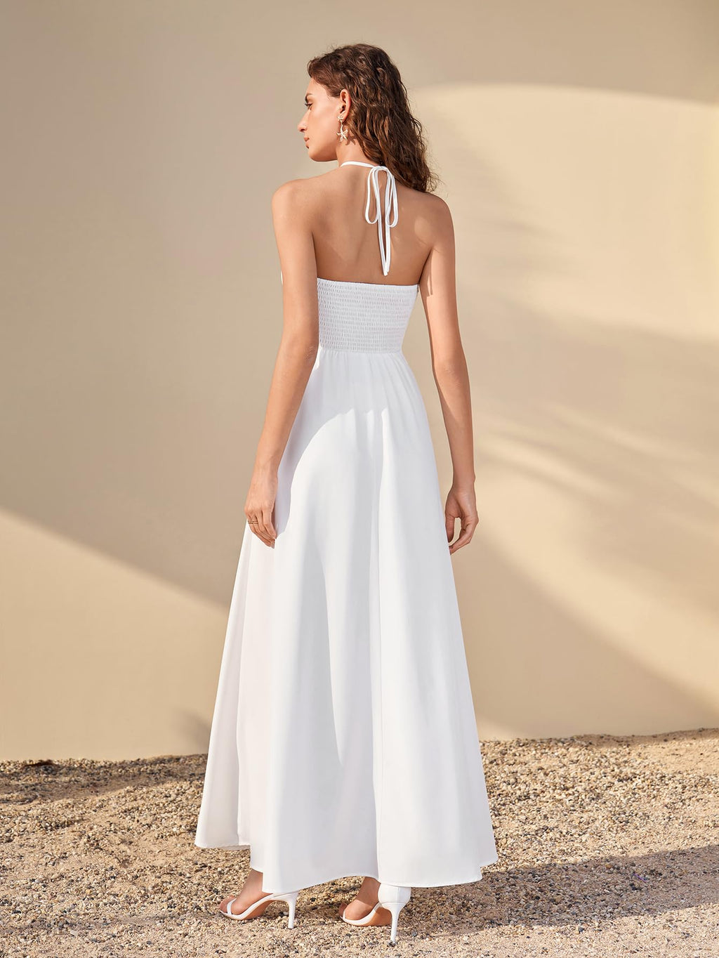 HTZMO Women Floral Maxi Sundress Beads Boho Summer Halter Tie Cut Out Beach Vacation Casual Long Dresses with Pockets White L