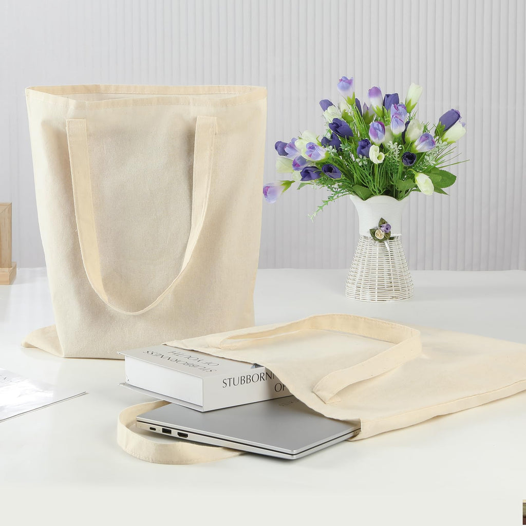 Carbrea 12 Pack Canvas Tote Bag - Lightweight Thin Tote Bags Bulk Blank Shopping Reusable Grocery Bags for DIY Gift Sublimation Activity - Beige