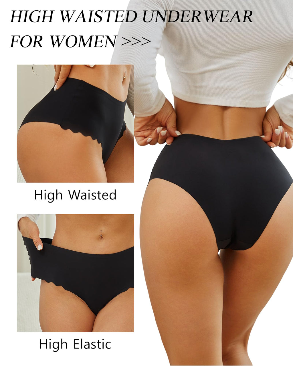 Sth Big High Waisted Seamless Underwear for Women No Show Panties Cheeky Scalloped Edge Bikini Breathable Briefs 6 Pack, Medium