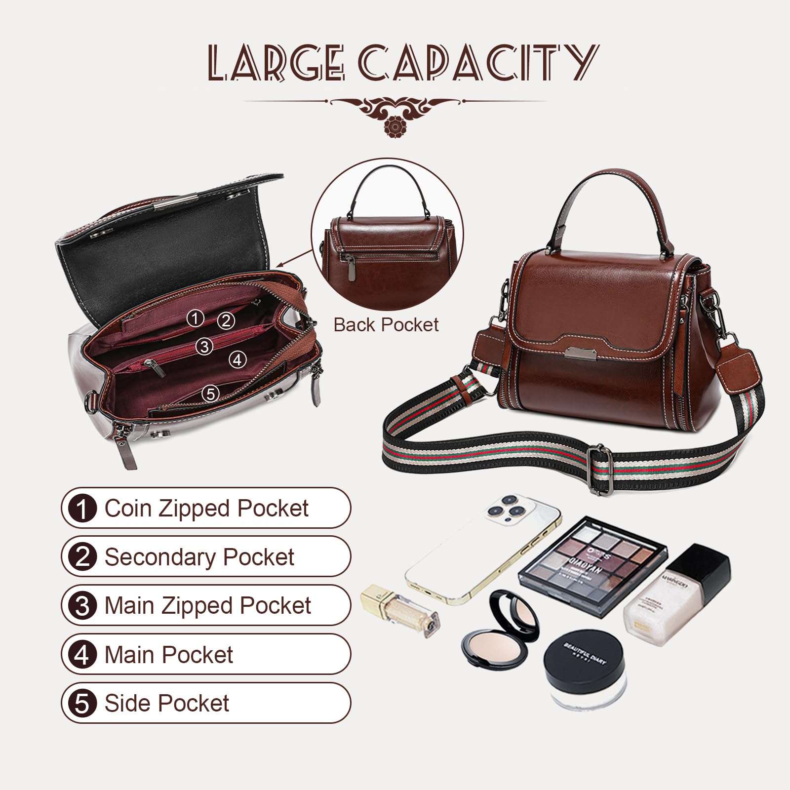 Solareer Waxed Leather Crossbody for Women, Top-Handbags Removable Shoulder Strap (Burnt Orange)