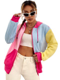 WDIRARA Women's Color Block Zip Front Drawstring Long Sleeve Hoodie Pocket Sweatshirt Multicolor S
