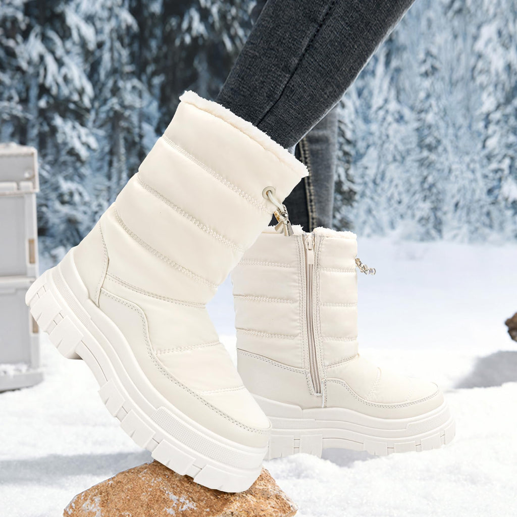 Viapipa White Snow Boots for Women Waterproof Platform Winter Boots with Side Zipper & Adjustment Buckle Design, Anti-Slip Warm, Comfortable Outdoor Booties, White,8