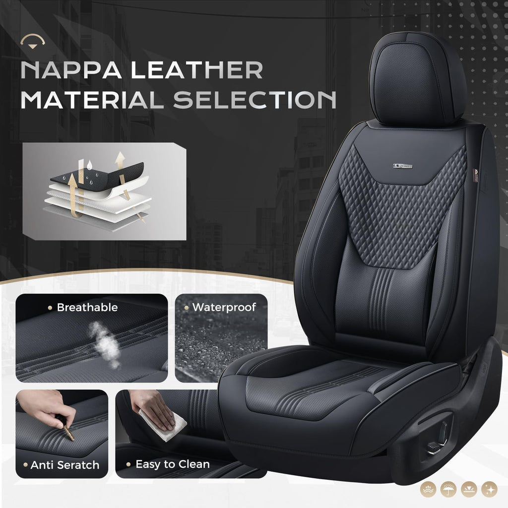 Coverado Car Seat Covers Full Set, Front Seat Covers with Lumbar Support and Back Seat Cover Waterproof Leather Automotive Seat Cover, Universal Car Interior Protectors Cushion for Most Cars