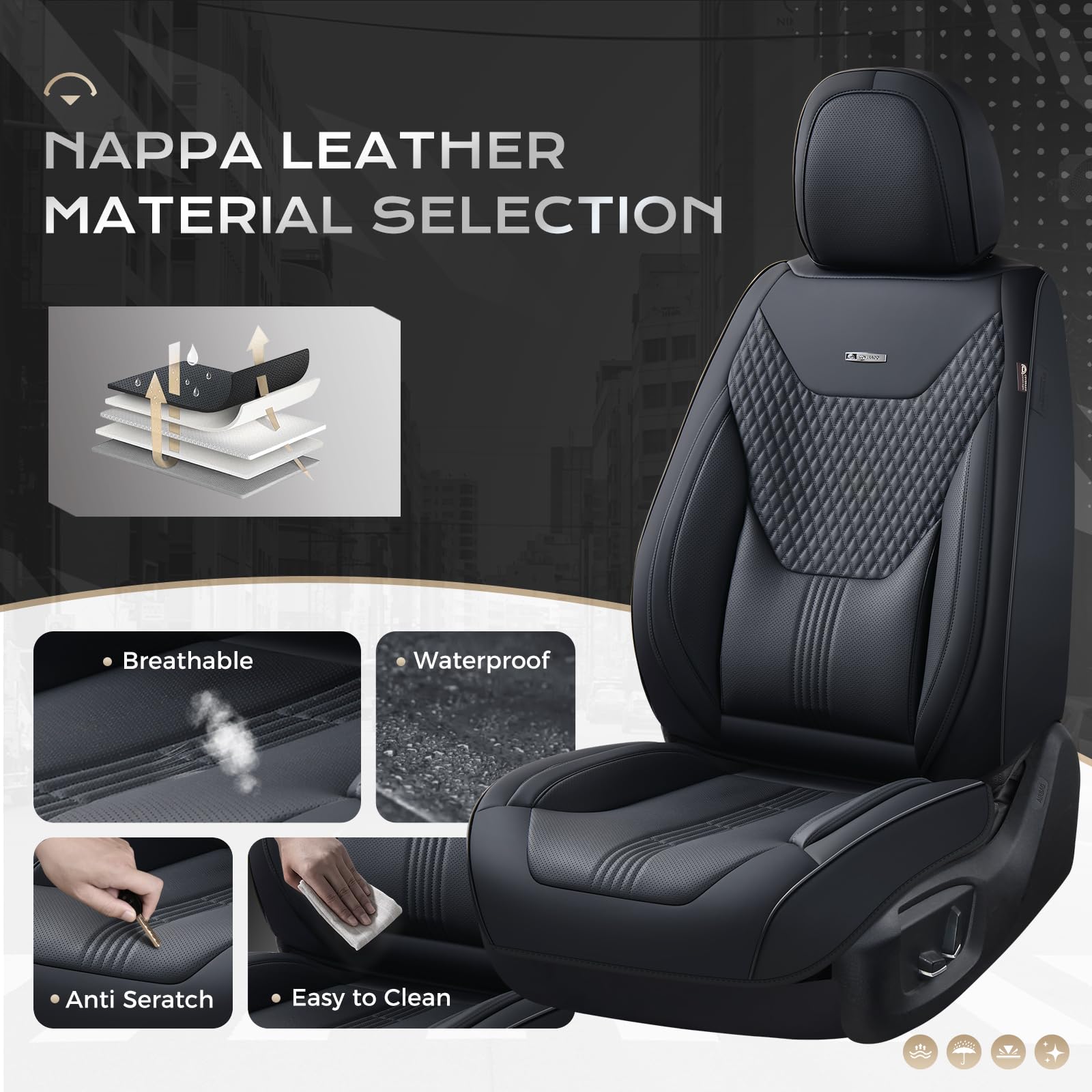 Coverado Car Seat Covers Full Set, Front Seat Covers with Lumbar Support and Back Seat Cover Waterproof Leather Automotive Seat Cover, Universal Car Interior Protectors Cushion for Most Cars