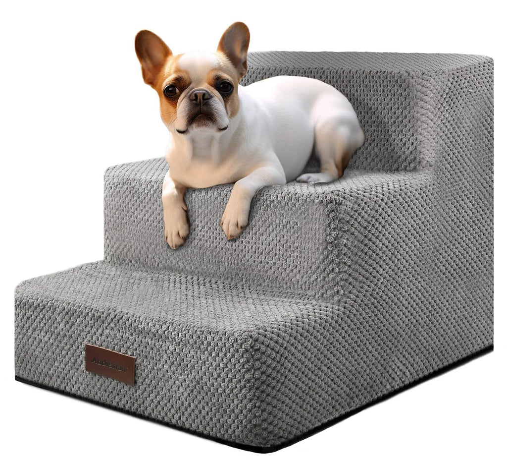 Aodisman Dog Stairs for Small Dogs, 3-Step Non-Slip Pet Stairs for Couch Sofa and Chair, Dog Bed Stairs for Puppy, Older Cat,Grey,13.6" H