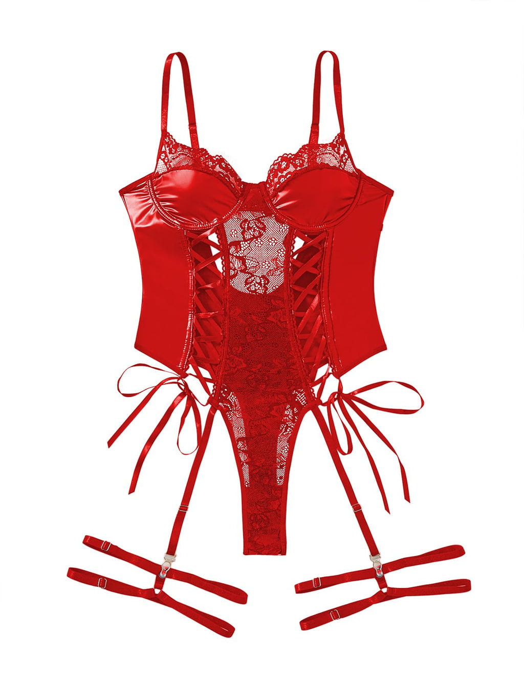 Lilosy Petite Sexy Lace Up Floral Garter Underwire Teddy Bodysuit Lingerie Belt Women Top One Piece Red 2X-Small