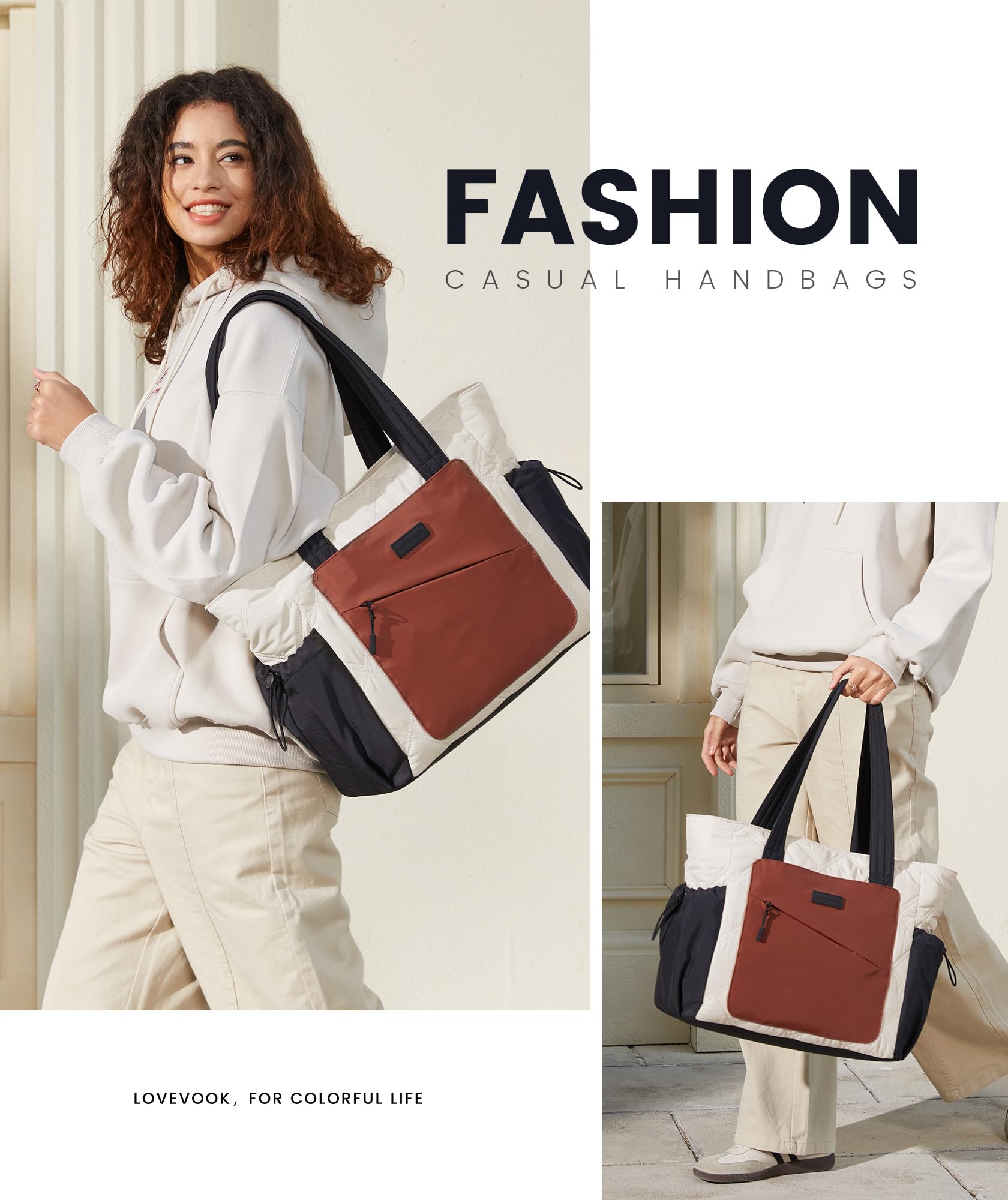 LOVEVOOK Tote Bag for Women, Puffer Bag and Work Bags with Zipper for Travel, Daily, School, Quilted Nurse Shoulder, 2pcs