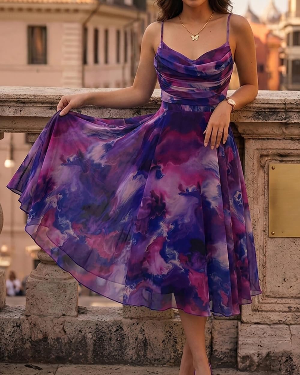 CHICME Womens Tie Dye Mesh Midi Dress 2026 Summer Cowl Neck Adjustable Strap A Line Cinched Zipper Back Cocktail Party Dress-DPU-L Dark Purple