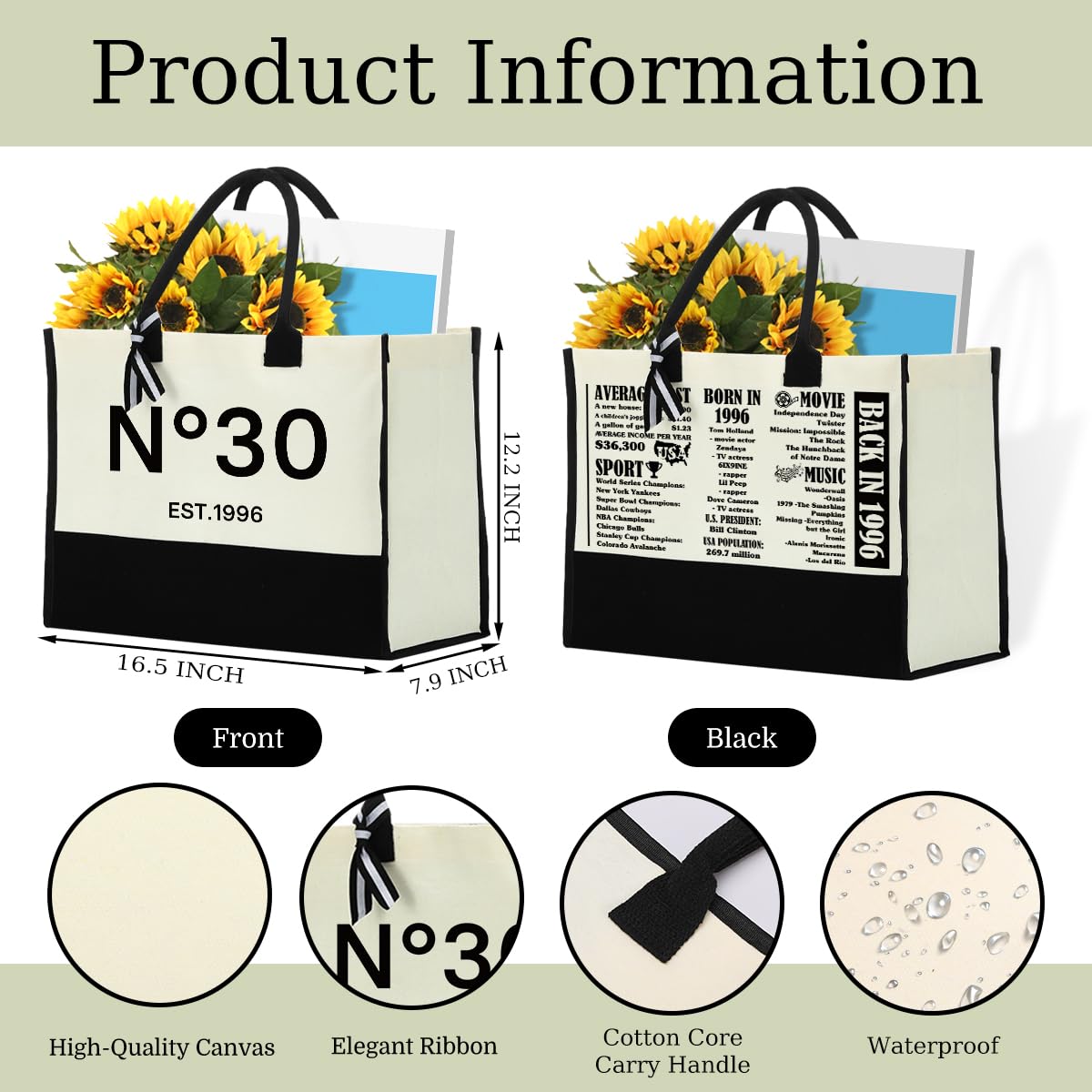 MIOOKISS 30th Birthday Gifts for Women Canvas Tote Bag Unique Gifts for 30 Year Old Woman Friend Wife Sister Vintage 1996 Birthday Bags Reusable Travel Shopping Canvas Handbag Grocery Bag
