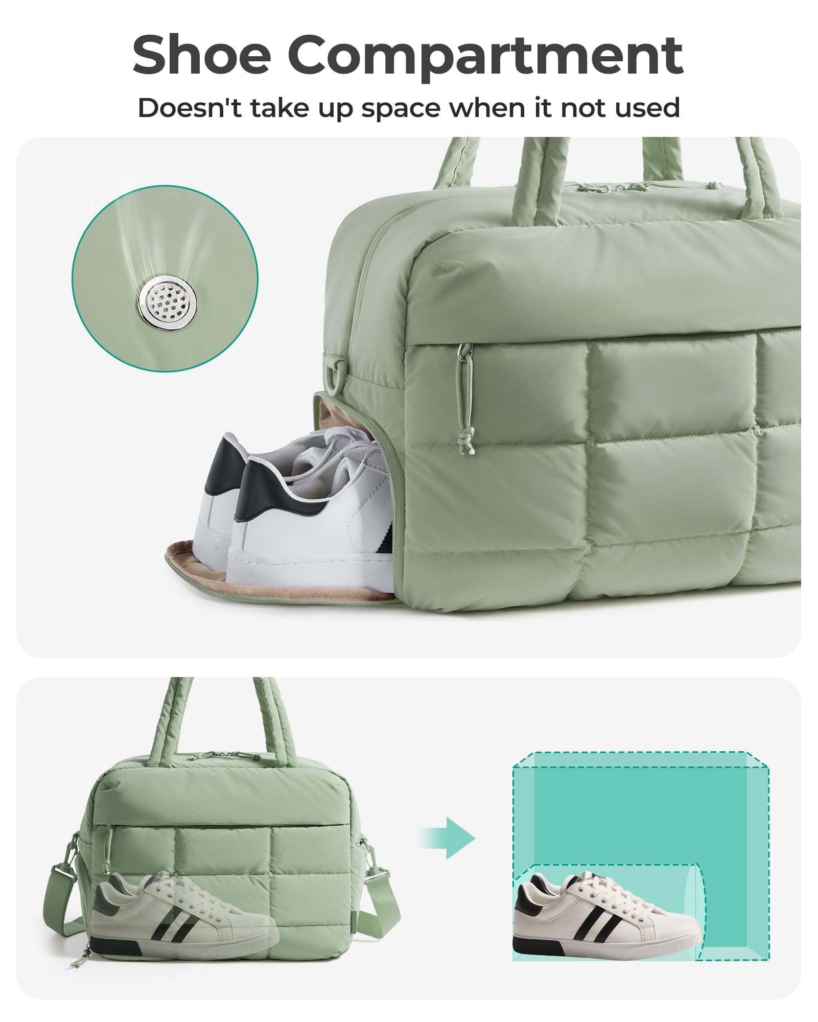 BAGSMART Gym Bag for Women, Carry on Travel Duffel Bag, Water-resistant Weekender with Shoe Compartment for Gym Travel Work, Green, Medium