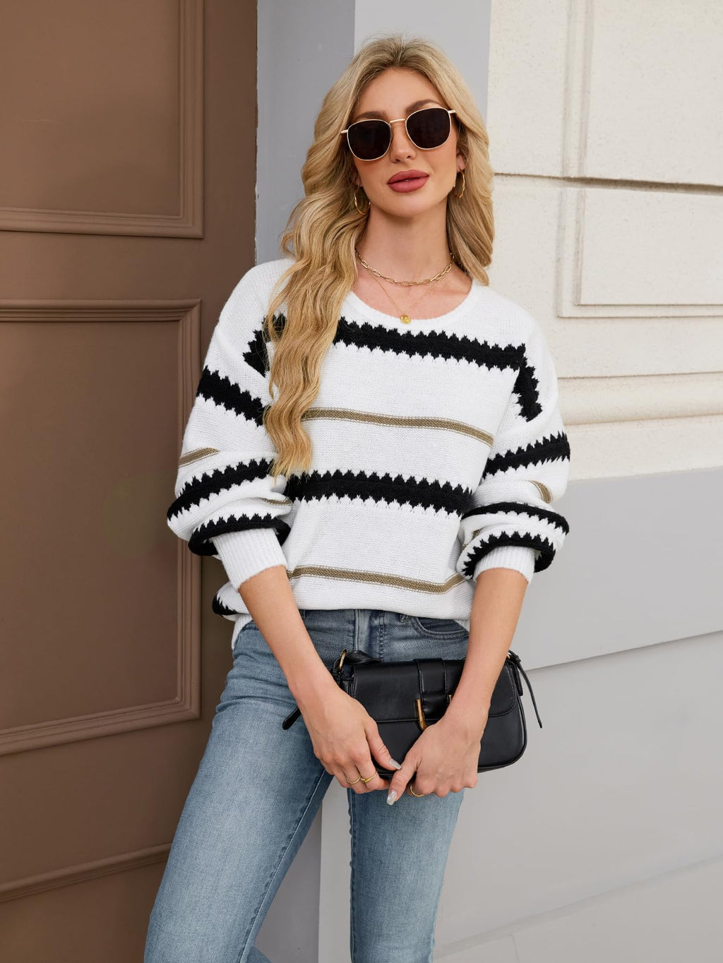 Libsorge Womens Oversized Cute Striped Sweater Fall Winter 2025 Dressy Casual Chunky Knit Crewneck Color Block Long Sleeve Pullover Tops White L