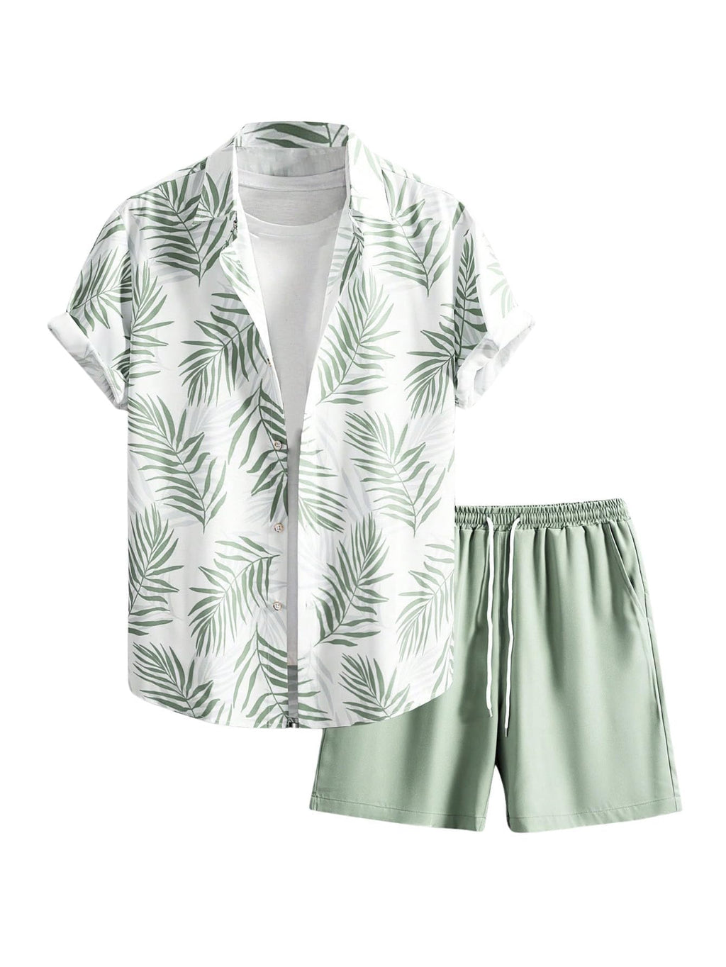 WDIRARA Men's Hawaiian Matching Set Summer Beach 2 Piece Outfits Tropical print Shirts and Shorts Mint Green Medium