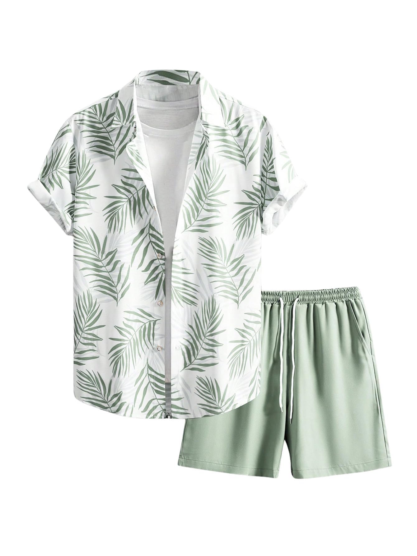 WDIRARA Men's Hawaiian Matching Set Summer Beach 2 Piece Outfits Tropical print Shirts and Shorts Mint Green Medium