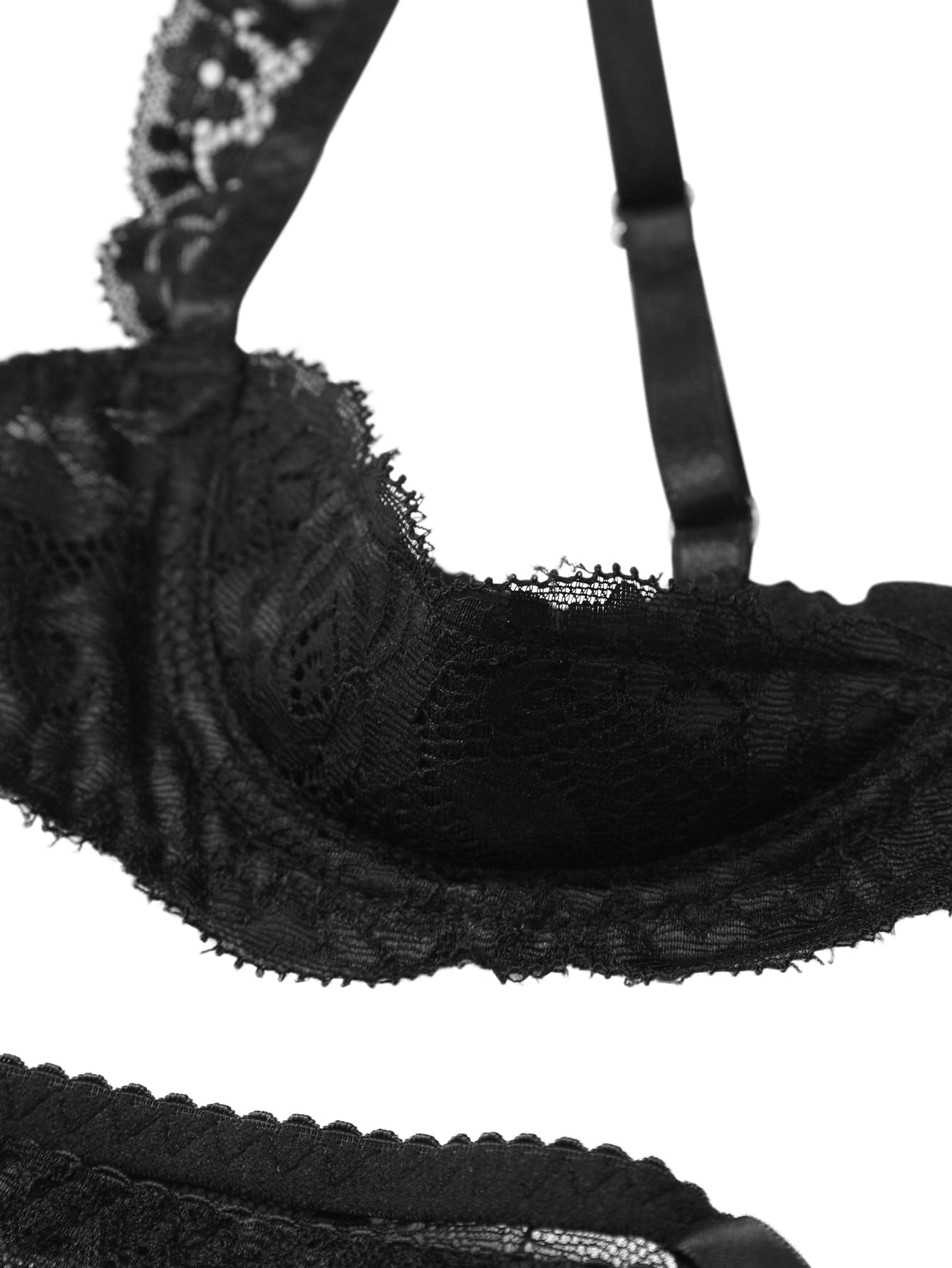 Lilosy Petite Underwire Floral Lace Lingerie Set for Women Bra and Panty 2 Piece Push Up Black 3X-Small