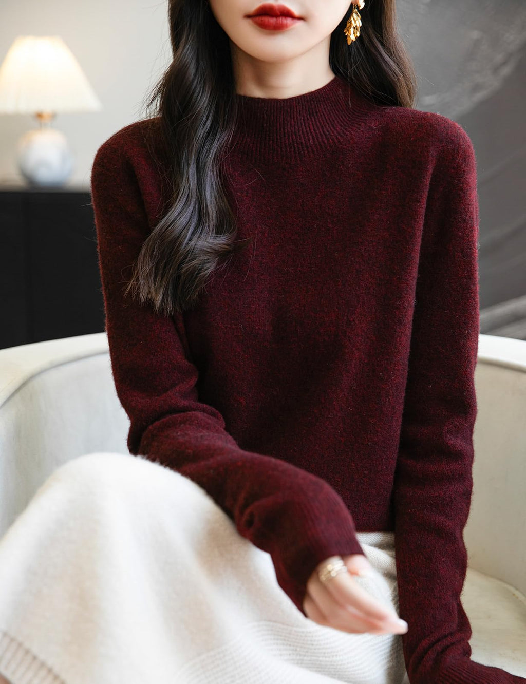 Chanyarn Women's Cashmere Long Sleeve Sweater Mockneck 2025 Fall Winter Seamless Knit Turtleneck Pullover Warm Soft 100% Merino Wool Sweater (Dark Red,L)