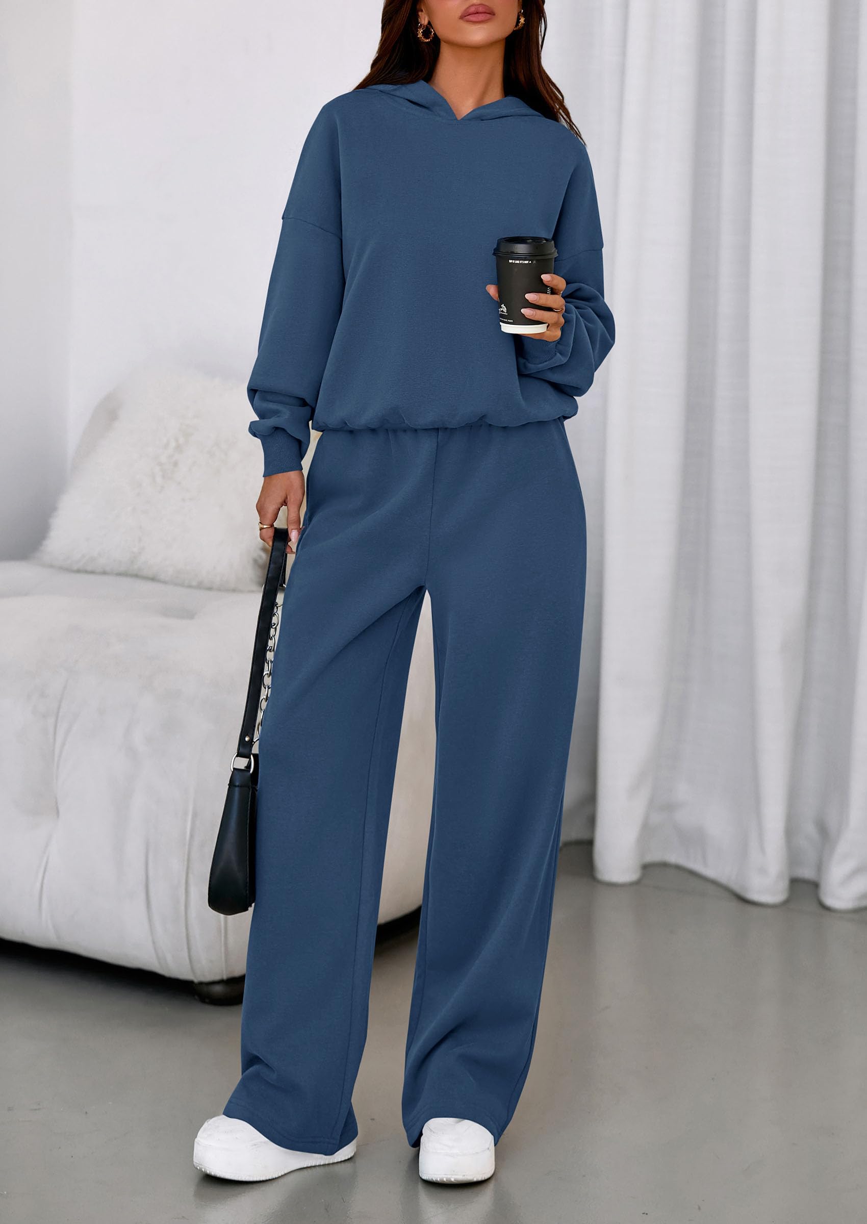 PRETTYGARDEN Womens Sweatsuits 2 Piece Set 2026 Casual Winter Long Sleeve Hoodie Loose Wide Leg Sweatpants Fall Tracksuit (Grey Blue,Medium)