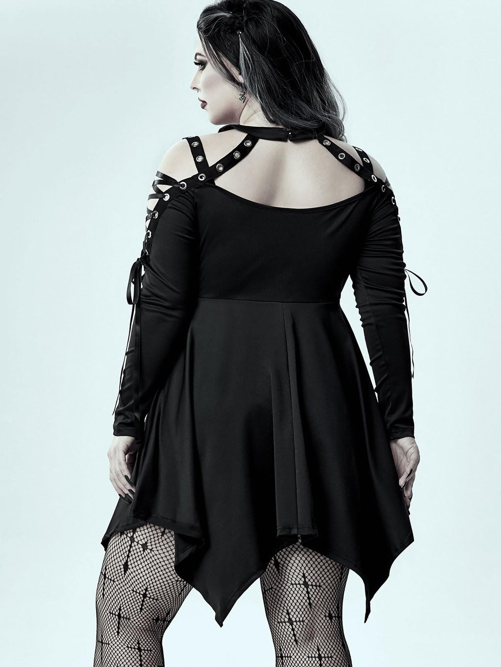 ROSE GAL Womens Plus Size Gothic Choker Lace-up Grommets Cutout Handkerchief Hem Cold Shoulder Long Sleeve Tunic Top(Black_3/4X)