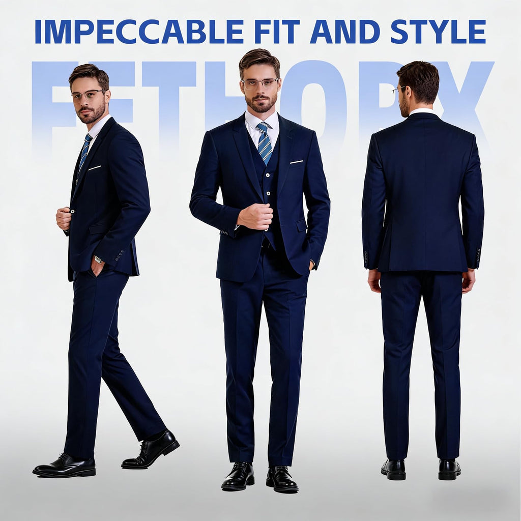 Men's Suit Set 2Pcs Slim Fit Elegant Solid Dress Blazer Pants,Formal Mens Tuxedo Set Single Breasted 2 Button for Business,Weddings,Parties,Proms,Interview,Funeral,Office(QH2501-Navy-1-XS)