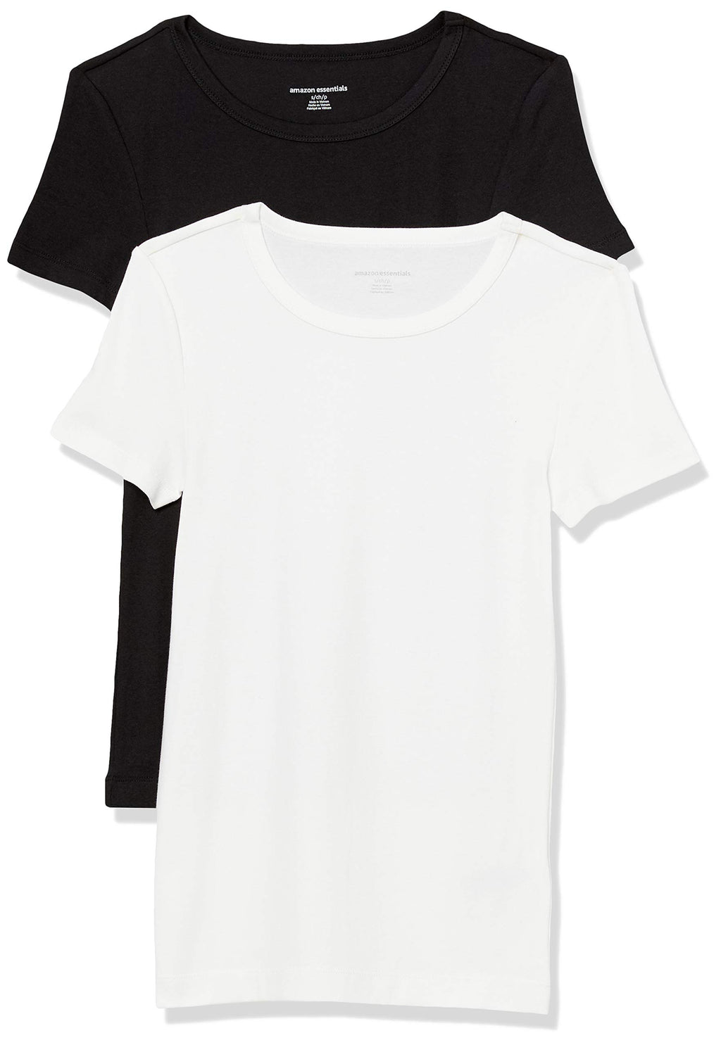 Amazon Essentials Women's Slim-Fit Short-Sleeve Crewneck T-Shirt, Pack of 2, Black/White, Small