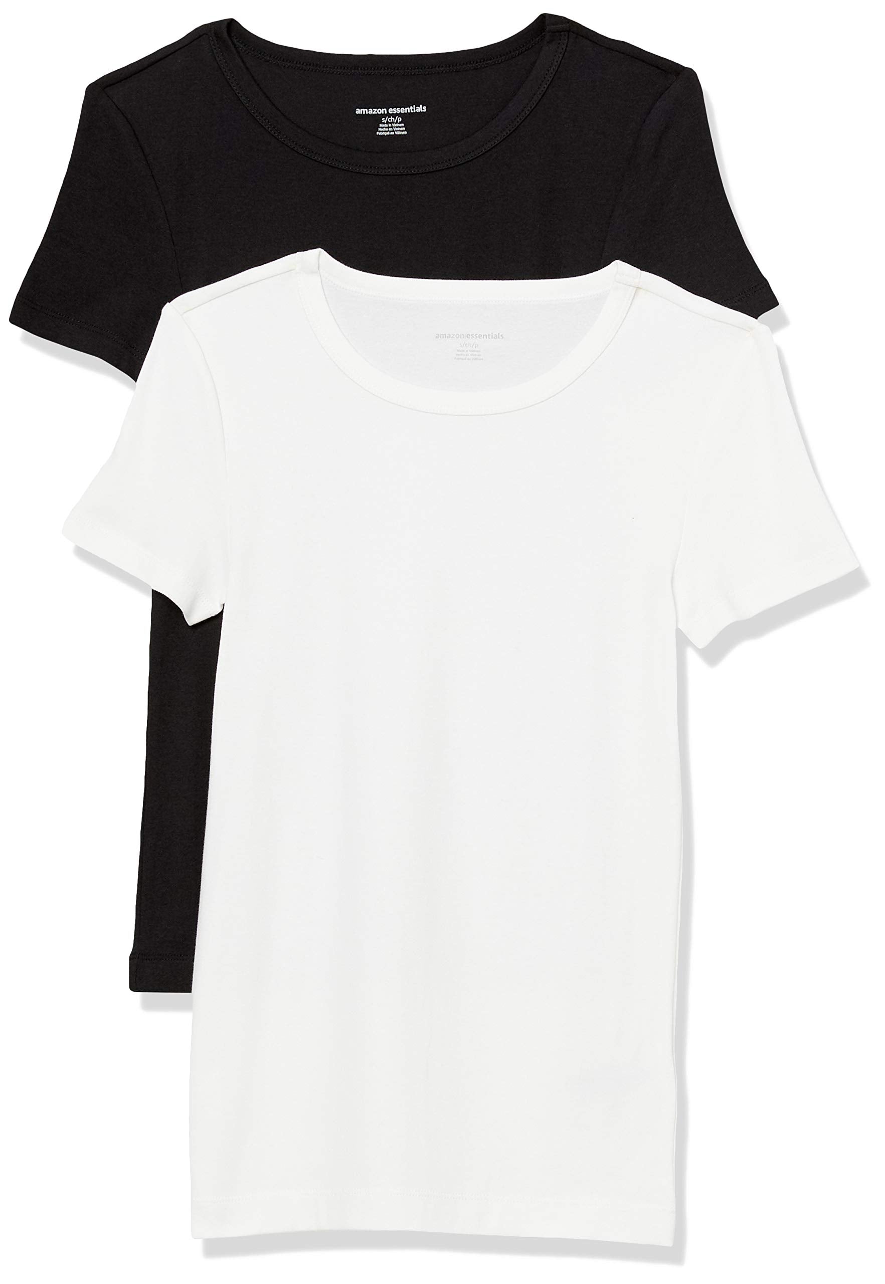 Amazon Essentials Women's Slim-Fit Short-Sleeve Crewneck T-Shirt, Pack of 2, Black/White, Small