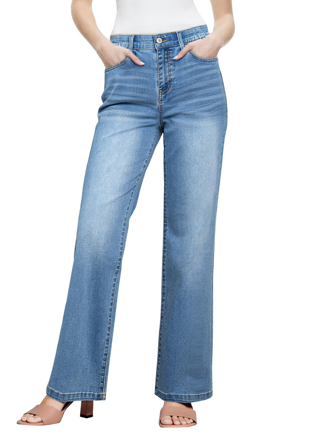 Sidefeel Women's Straight Leg Jeans High Waisted Stretchy Elastic Waist Trendy Wide Leg Denim Pants Light Blue Size 10