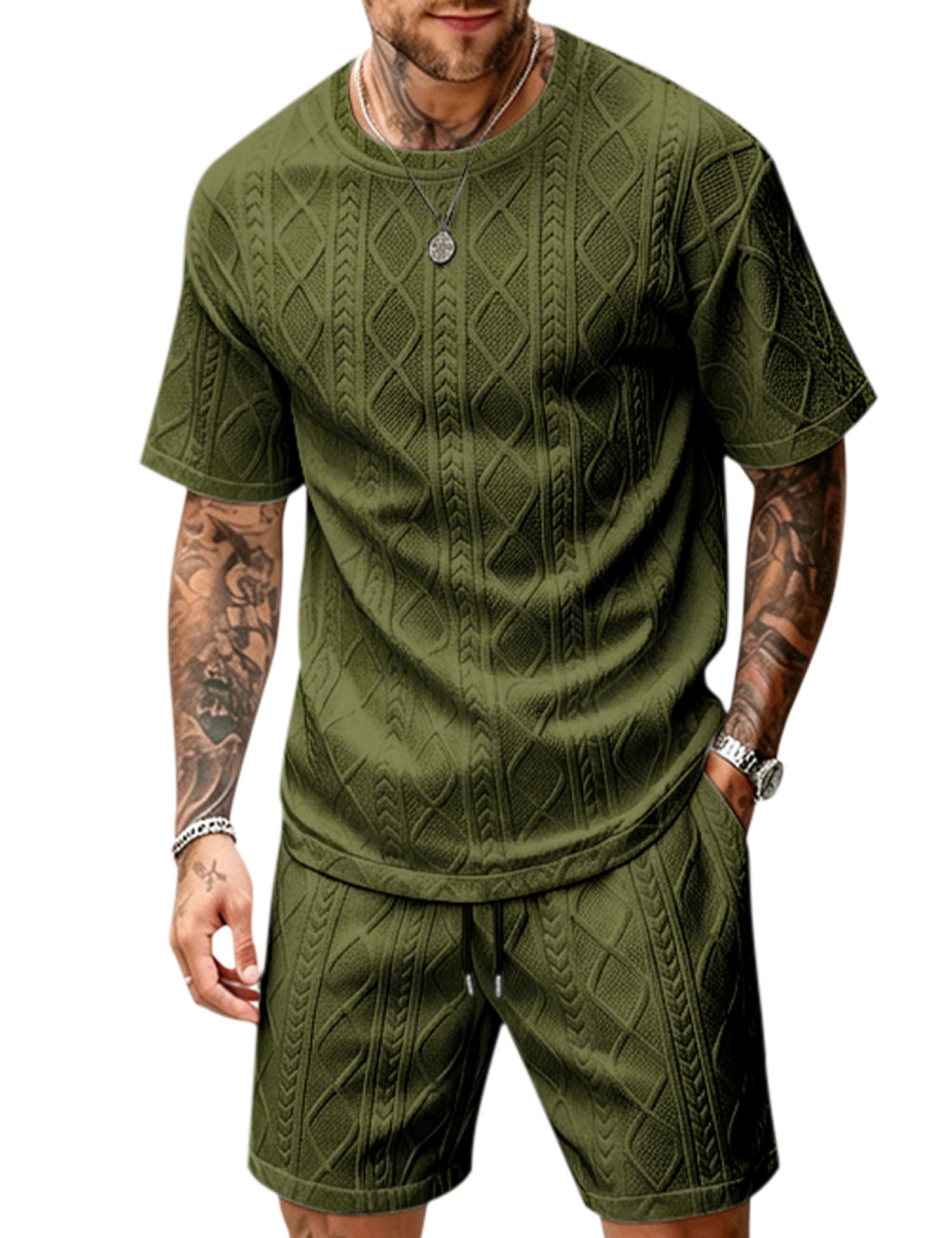 Babioboa Men's Short Sets 2 Piece Jacquard Outfit Summer Crewneck Shirt and Shorts Set Matching Lounge Set(Army Green,S)