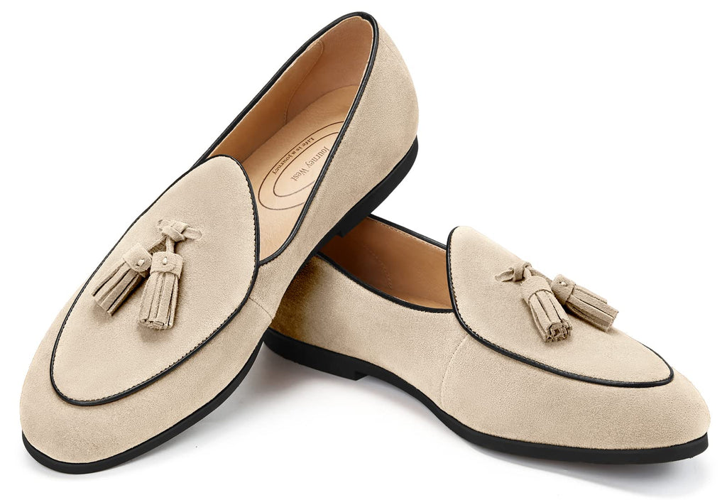 Journey West Men's Tassel Slip-on Loafer Belgian Suede Loafers Casual Leather Shoes for Men Beige US 9