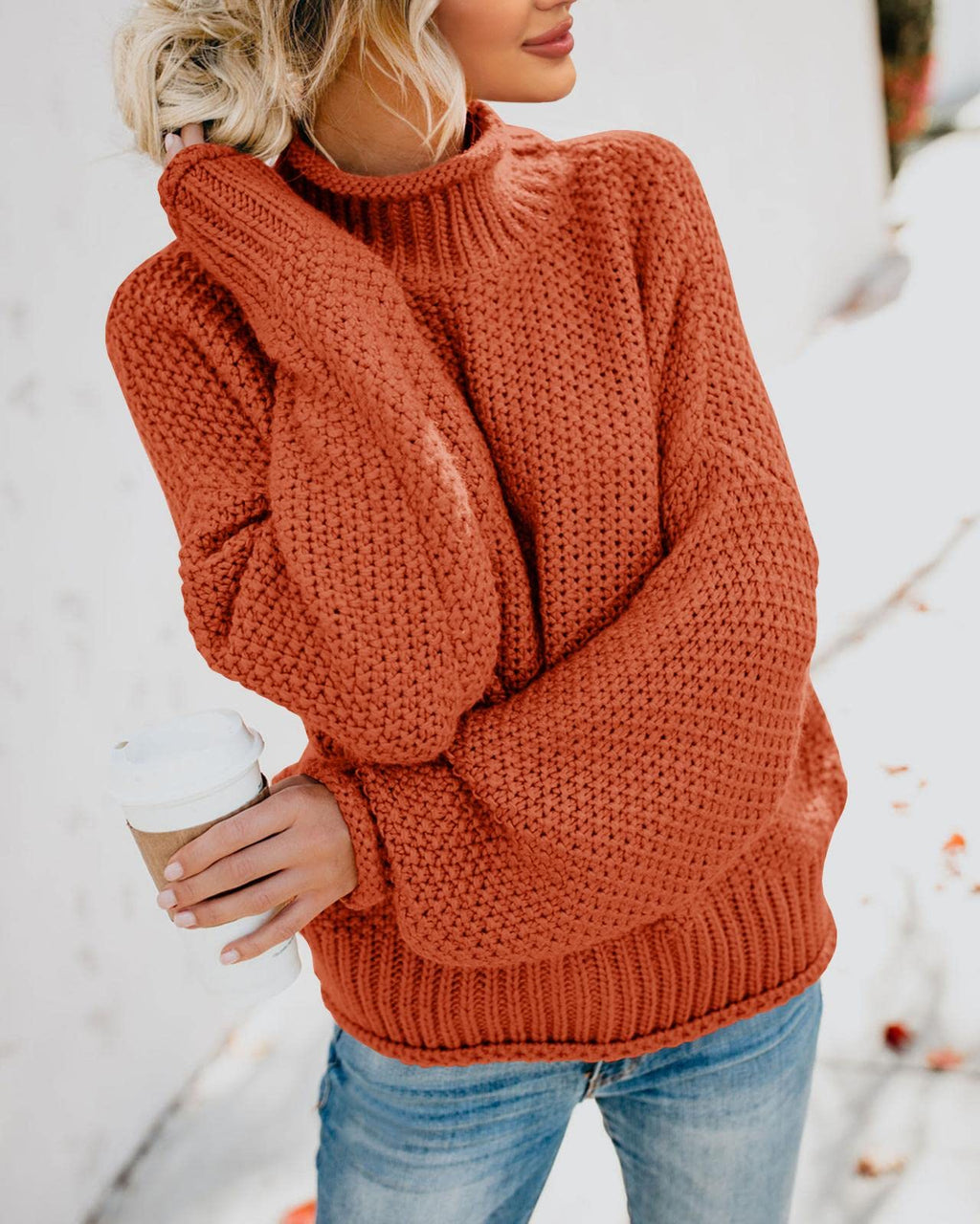 Saodimallsu Womens Turtleneck Oversized Sweaters Batwing Long Sleeve Pullover Loose Chunky Knit Jumper Brick Red