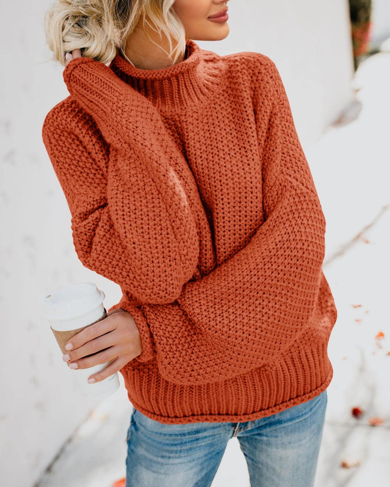 Saodimallsu Womens Turtleneck Oversized Sweaters Batwing Long Sleeve Pullover Loose Chunky Knit Jumper Brick Red
