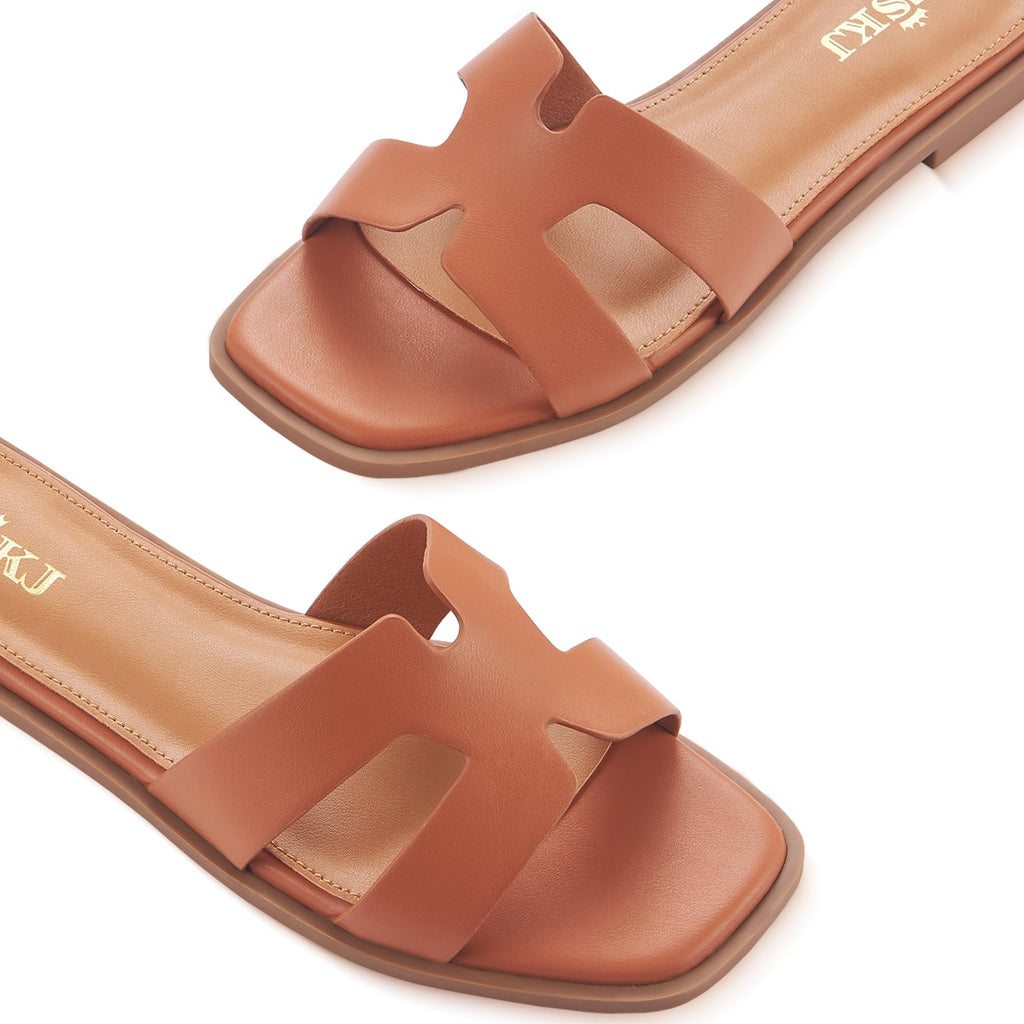YTSKJ Sandals for Women Dressy Comfortable Flat Open Toe Casual Wide Width Cute Trendy Shoes Soft Leather Slip On Ladies Slides for Summer 2026 Brown Size 6