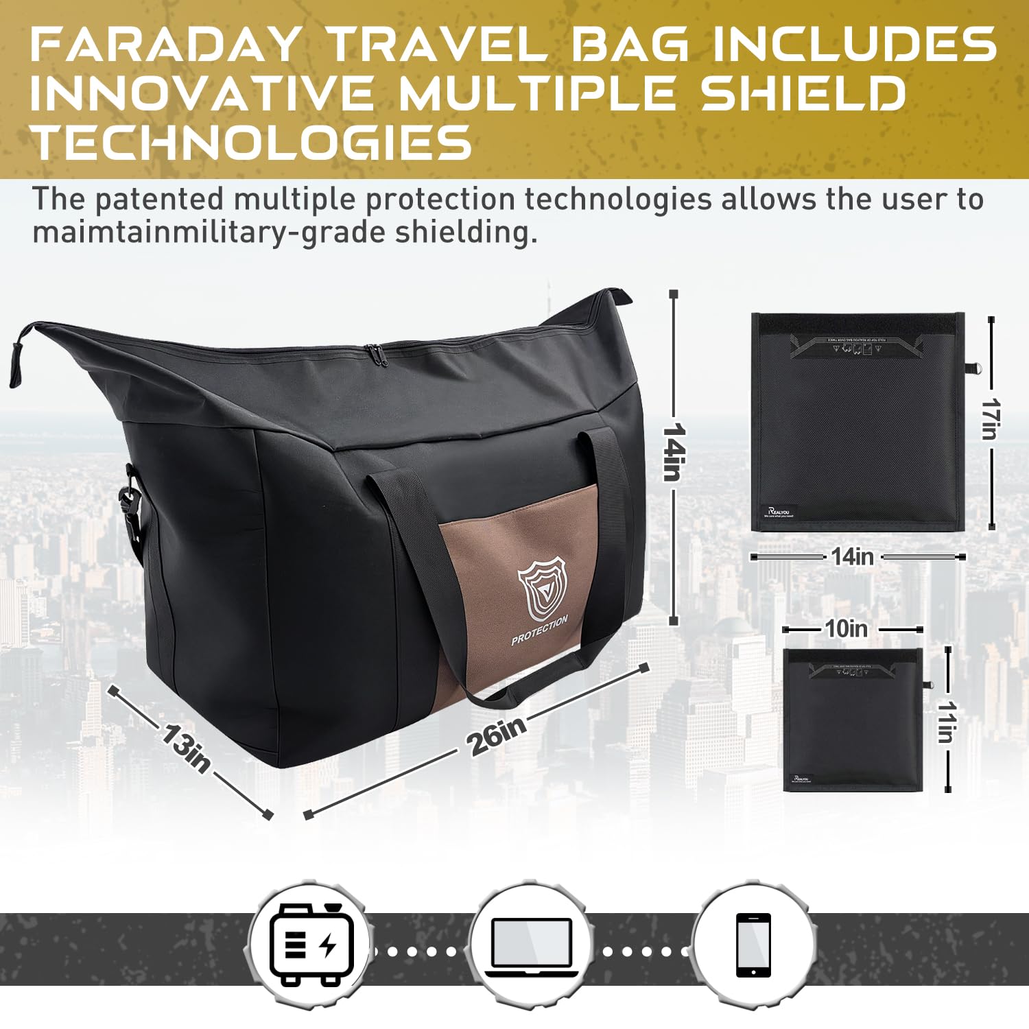 Faraday Duffel Bag Military-Grade RF Shielding for Large Electronics & Mobile Devices Travel Protection Signal Isolation Data Privacy