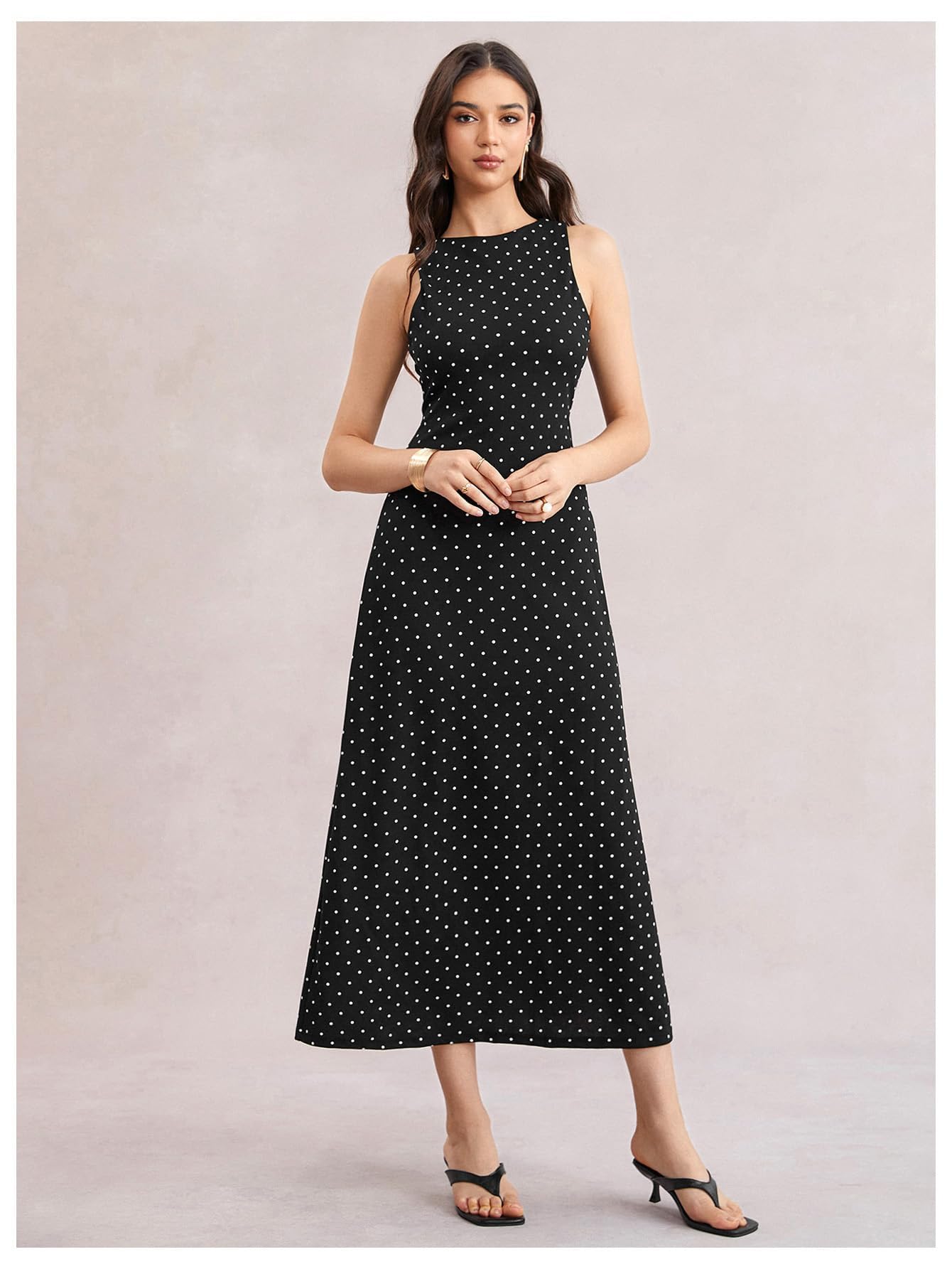 Verdusa Women's Polka Dots Backless Dress Sleeveless Going Out Long Dresses Brunch Outfits Black Medium