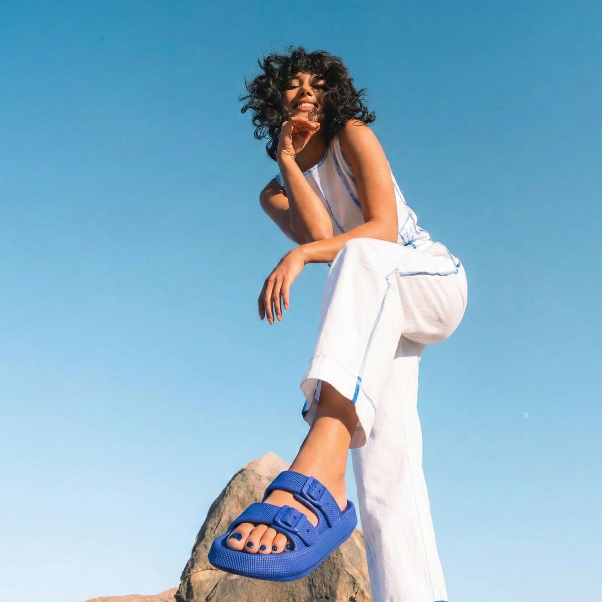 CUSHIONAIRE Fame Pillow Recovery Sandals for Women, Adjustable Double Buckle Waterproof EVA Cloud Slides for Women, BRIGHT BLUE 7