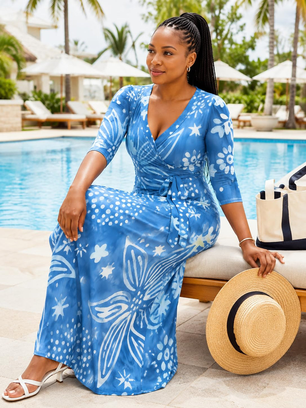 PinkPatty Women's Floral Print Maxi Dress 3/4 Sleeve V-Neck Casual Loose Wrap Tie Waist Long Dress XX-Large