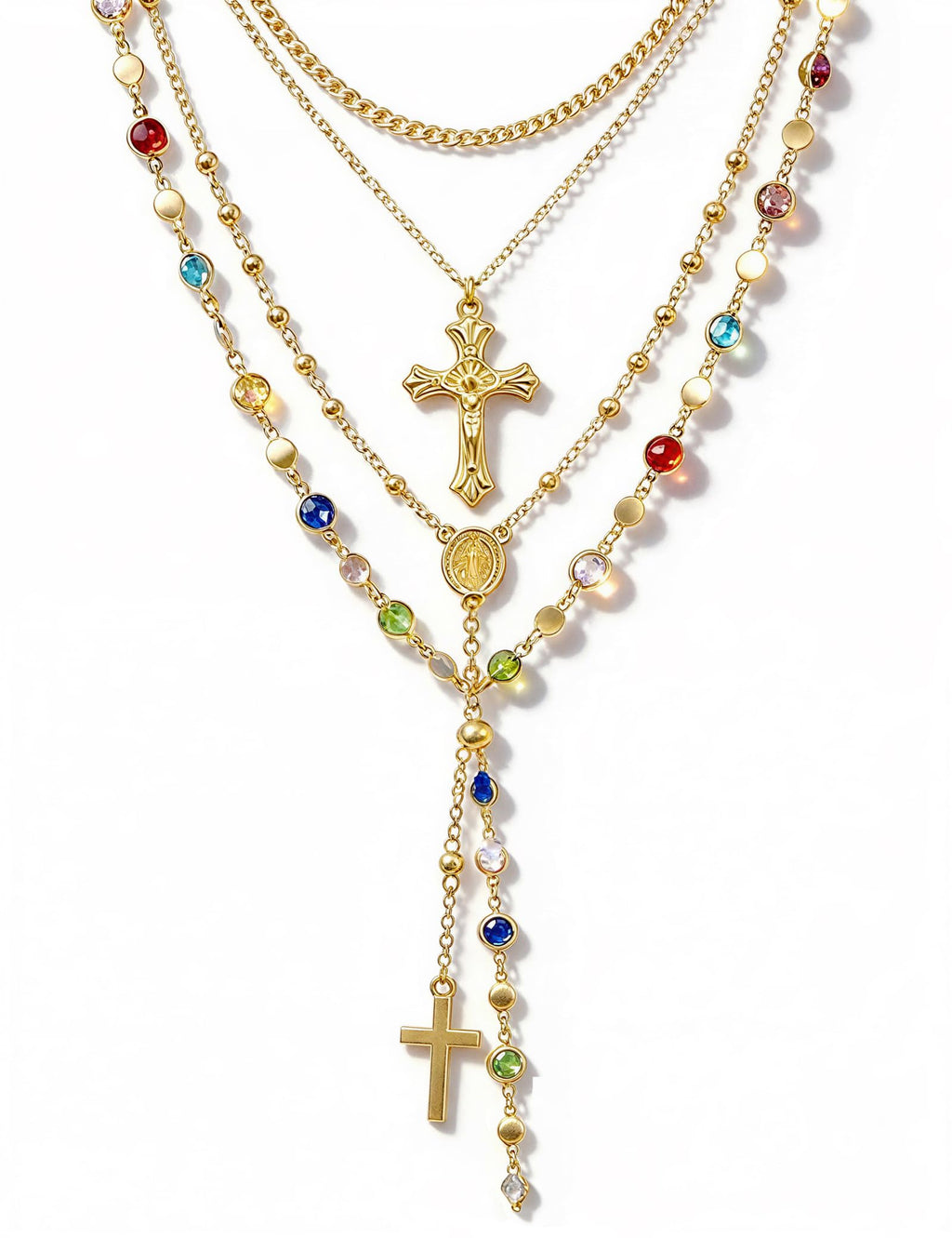 4PCS Layered Gold Cross Necklaces for Women Trendy, Bohemian Bead Pearl Y Long Pendant Necklace Set, Vintage Rosary Necklace Stack Adjustable Length