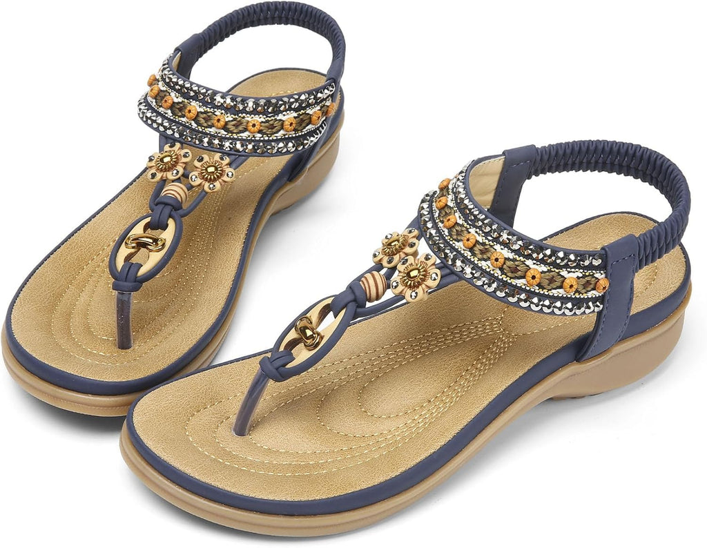 Littleplum Womens Sandals Arch Support Summer Beach Sandals Comfort Walking Shoes Bohemian Flip Flops Sandals for Women Blue Size 8.5