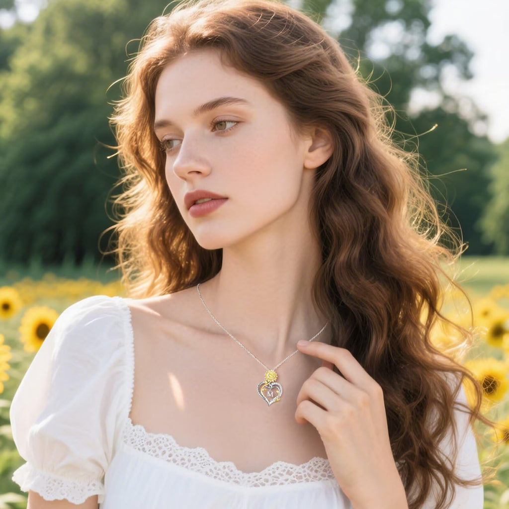 Iefil Valentines Day Gifts for Her Women - Anniversary Women Gifts, Sunflower Heart Initial Necklace, Sunflower Womens Jewelry