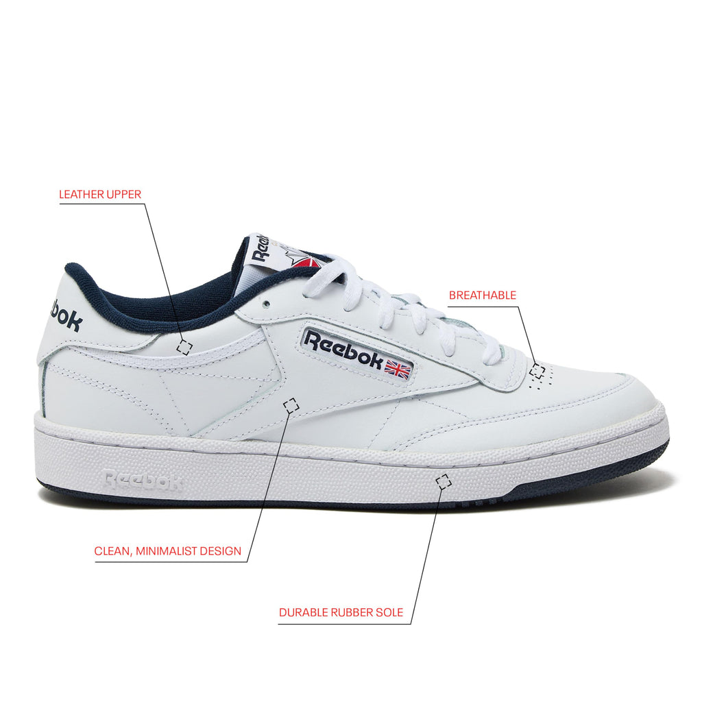 Reebok Club C 85 Mens Tennis Shoes, Casual Fashion White Sneakers for Men, Int-White/Navy, 14